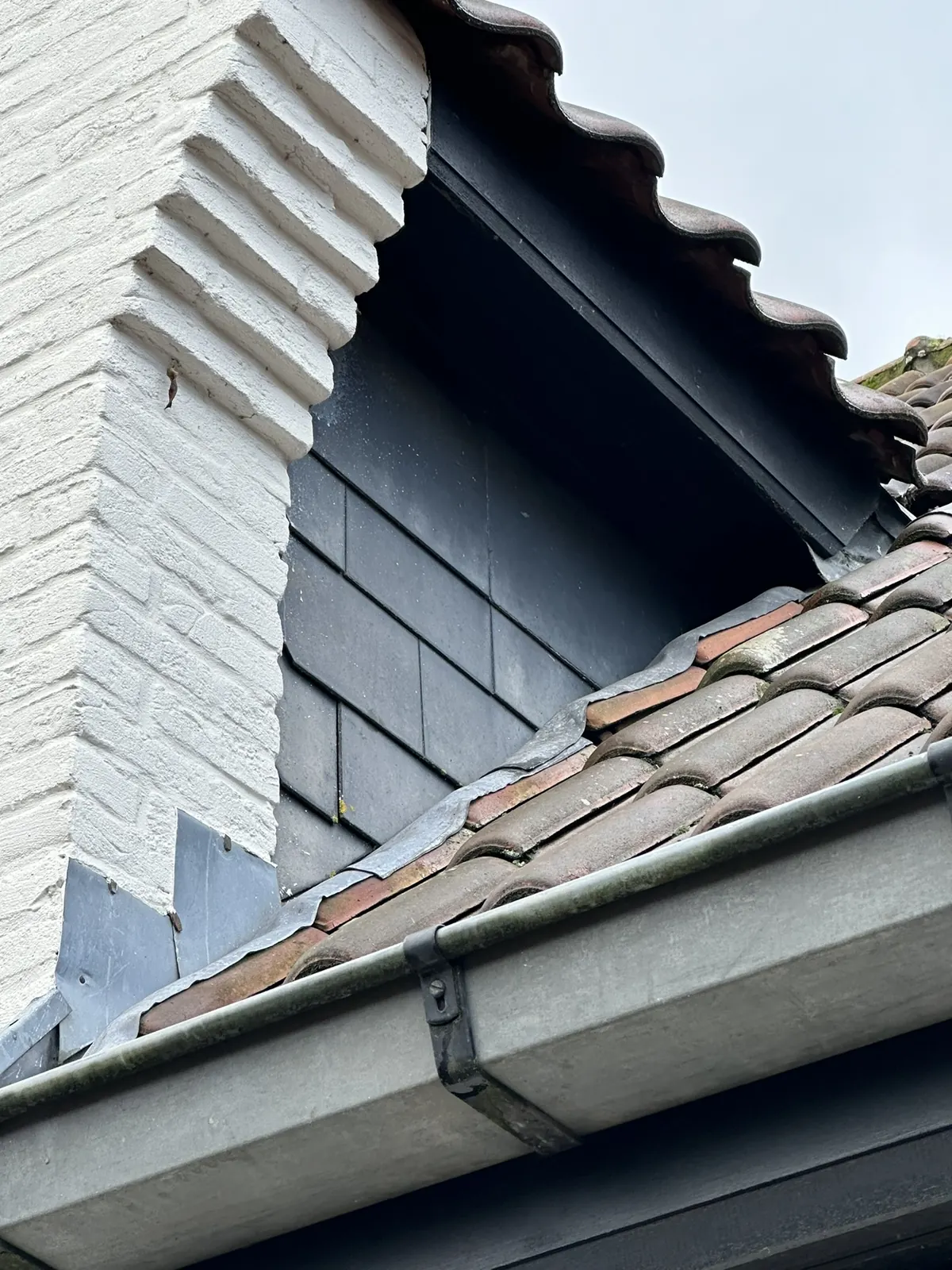 Dakkapel bekleed met donkere vezelcementleien naast een geschilderde gevel