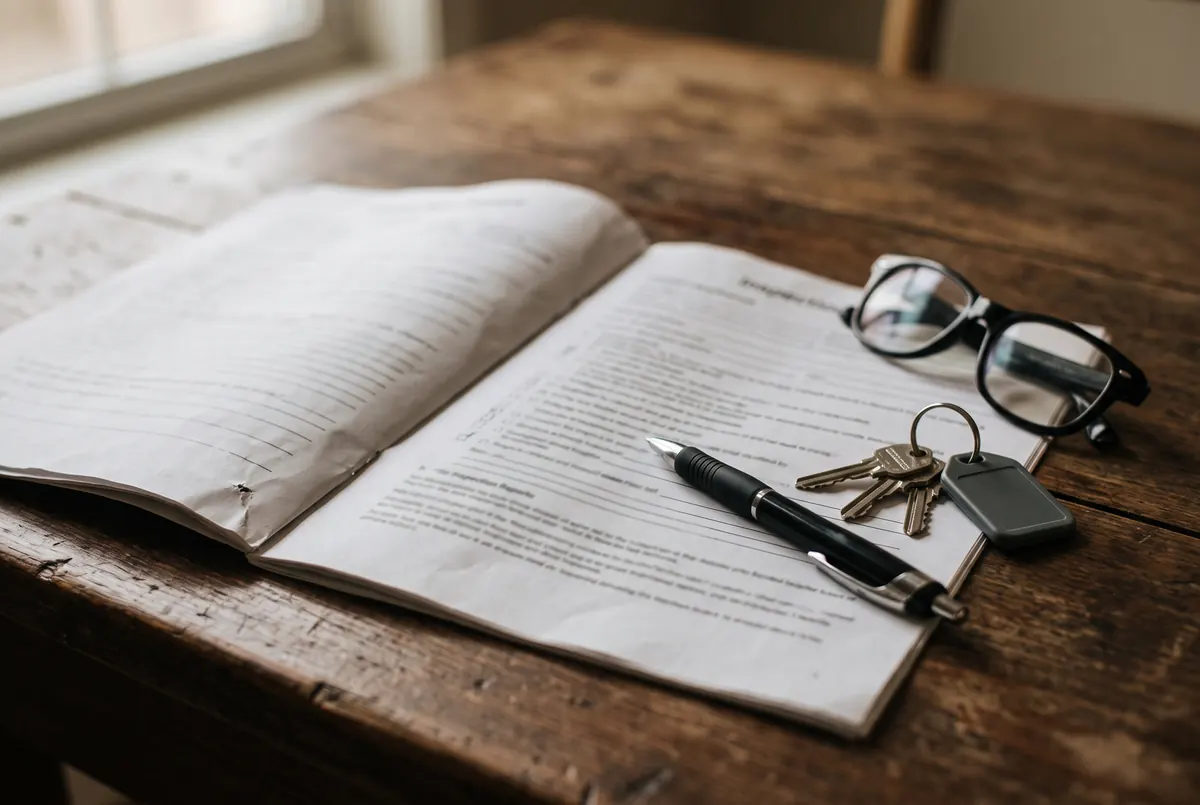 Verkoopdossier met sleutels en een verslag op tafel