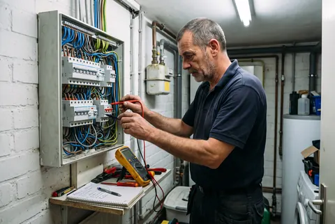 Keurder meet een open zekeringkast door met een multimeter