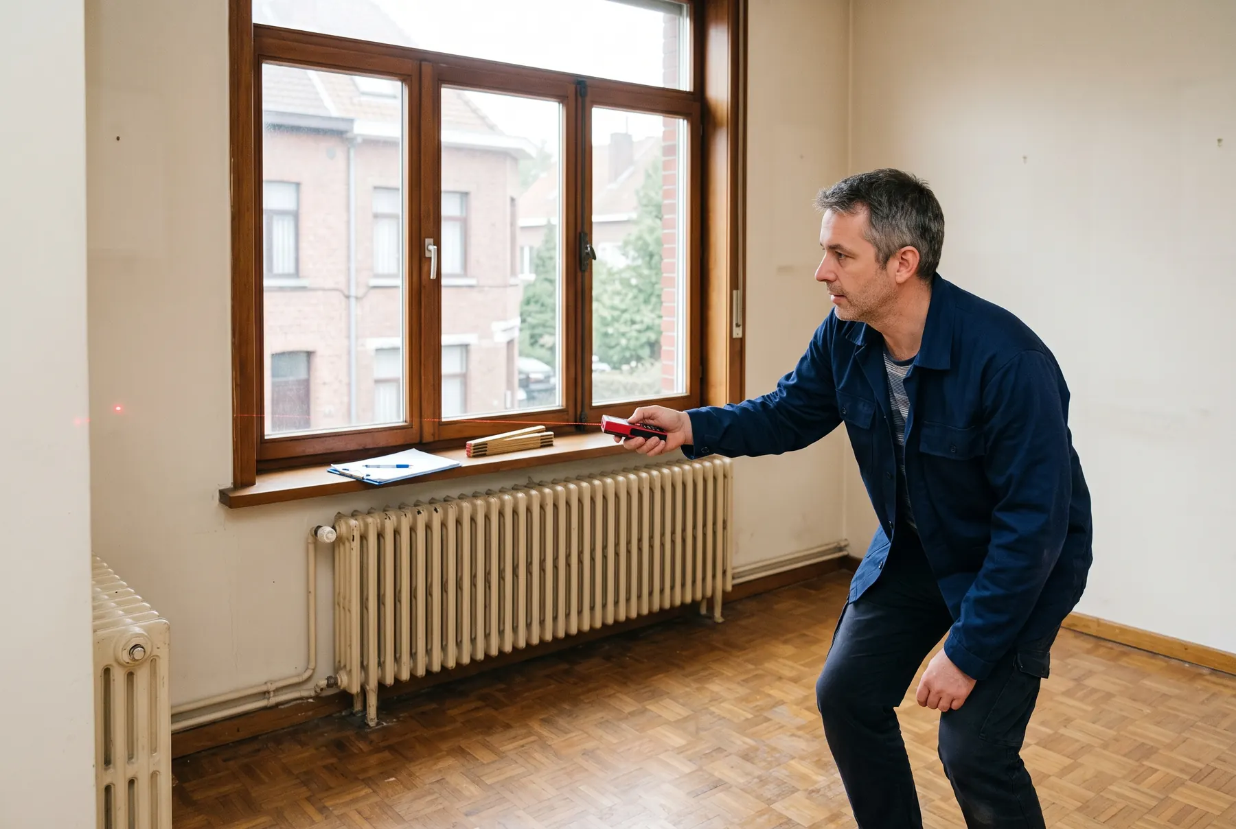 Energiedeskundige meet een lege kamer op met een laserafstandsmeter