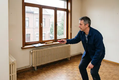 Energiedeskundige meet een lege kamer op met een laserafstandsmeter