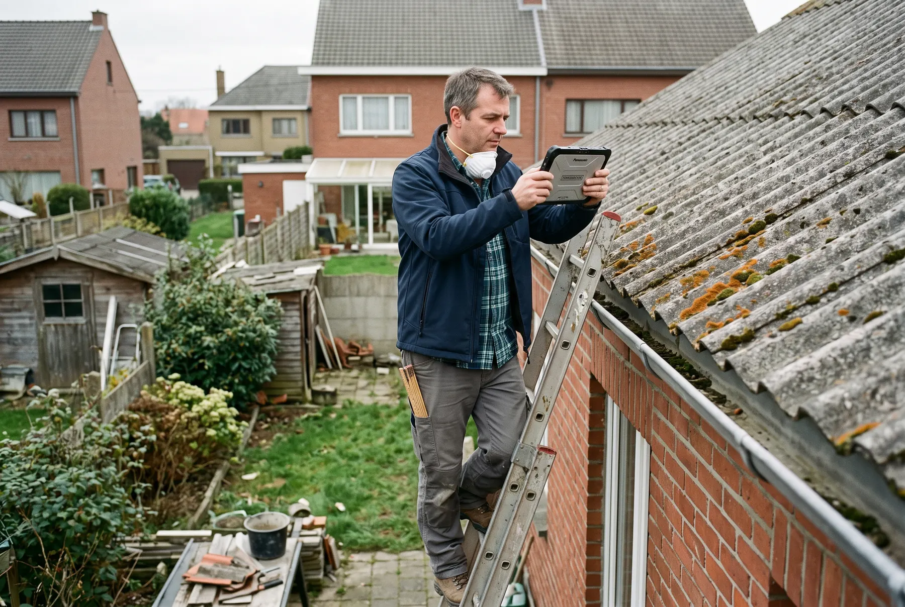 Asbestdeskundige fotografeert een golfplaten dak vanop een ladder