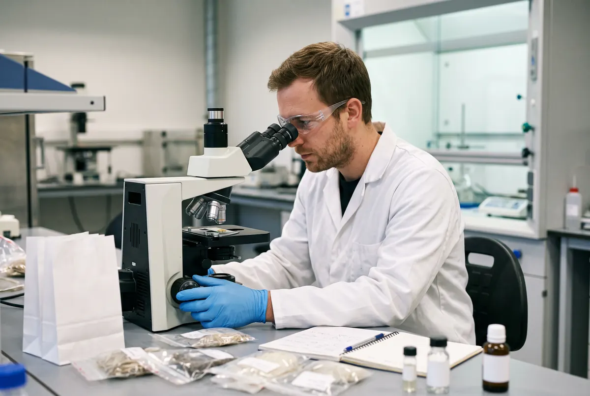 Labotechnicus analyseert een vezelstaal onder de microscoop