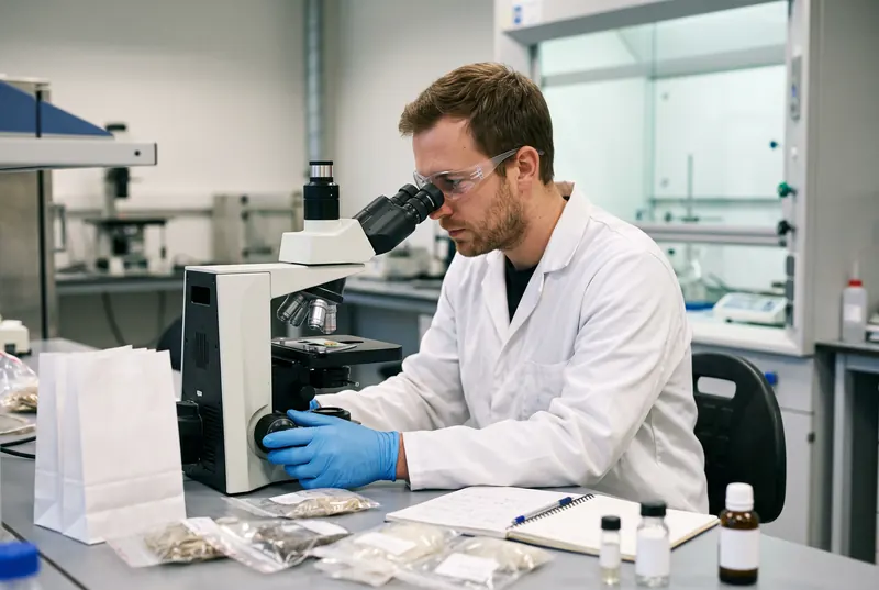 Labotechnicus analyseert een vezelstaal onder de microscoop