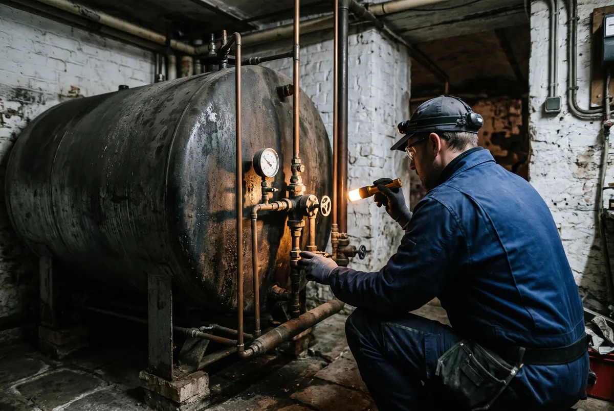 Technicus inspecteert een stookolietank