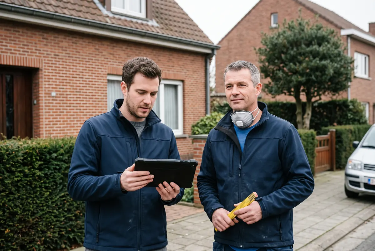 Asbestdeskundigen bespreken hun vaststellingen voor een woning in Vlaanderen