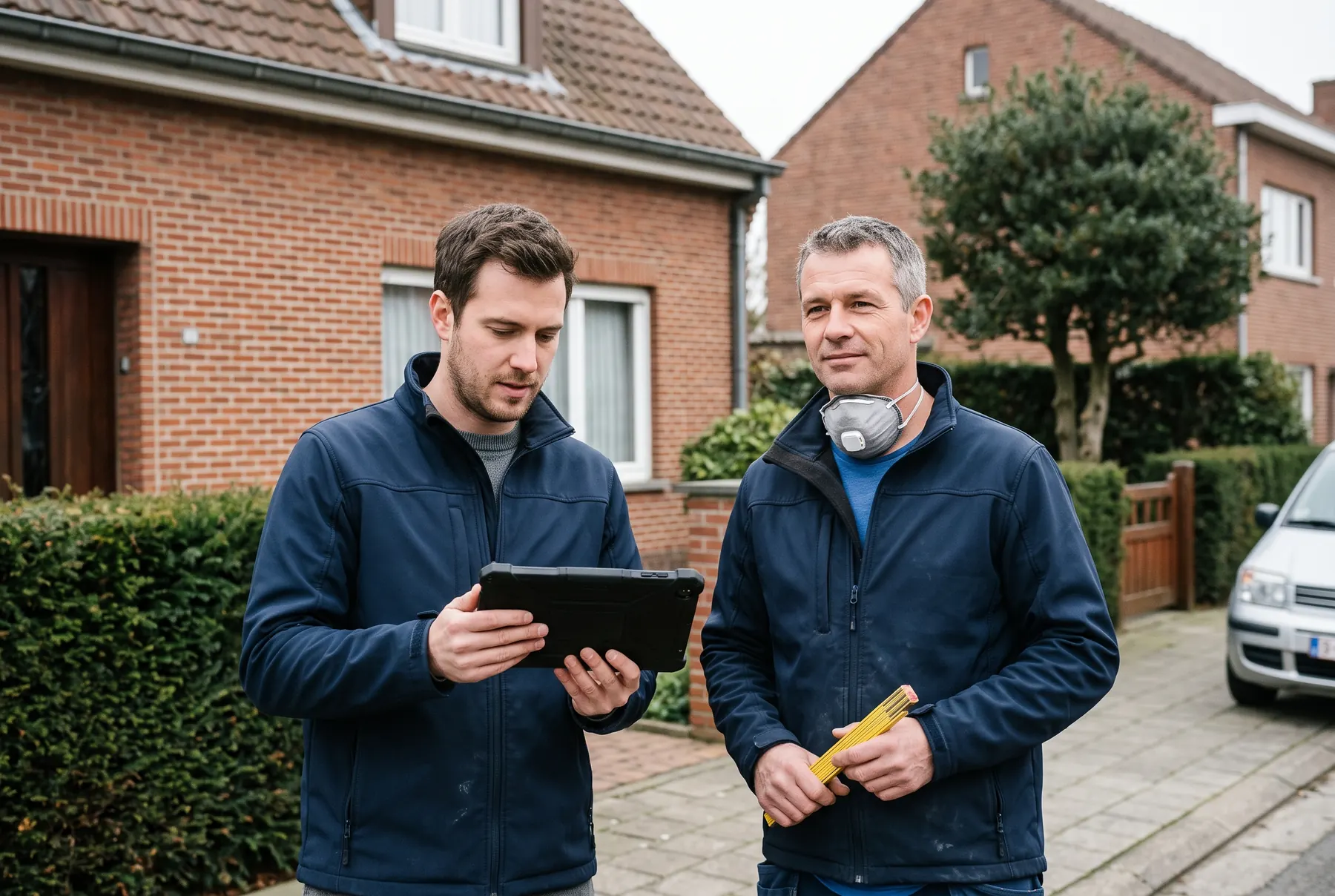 Asbestdeskundigen bespreken hun vaststellingen voor een woning in Vlaanderen